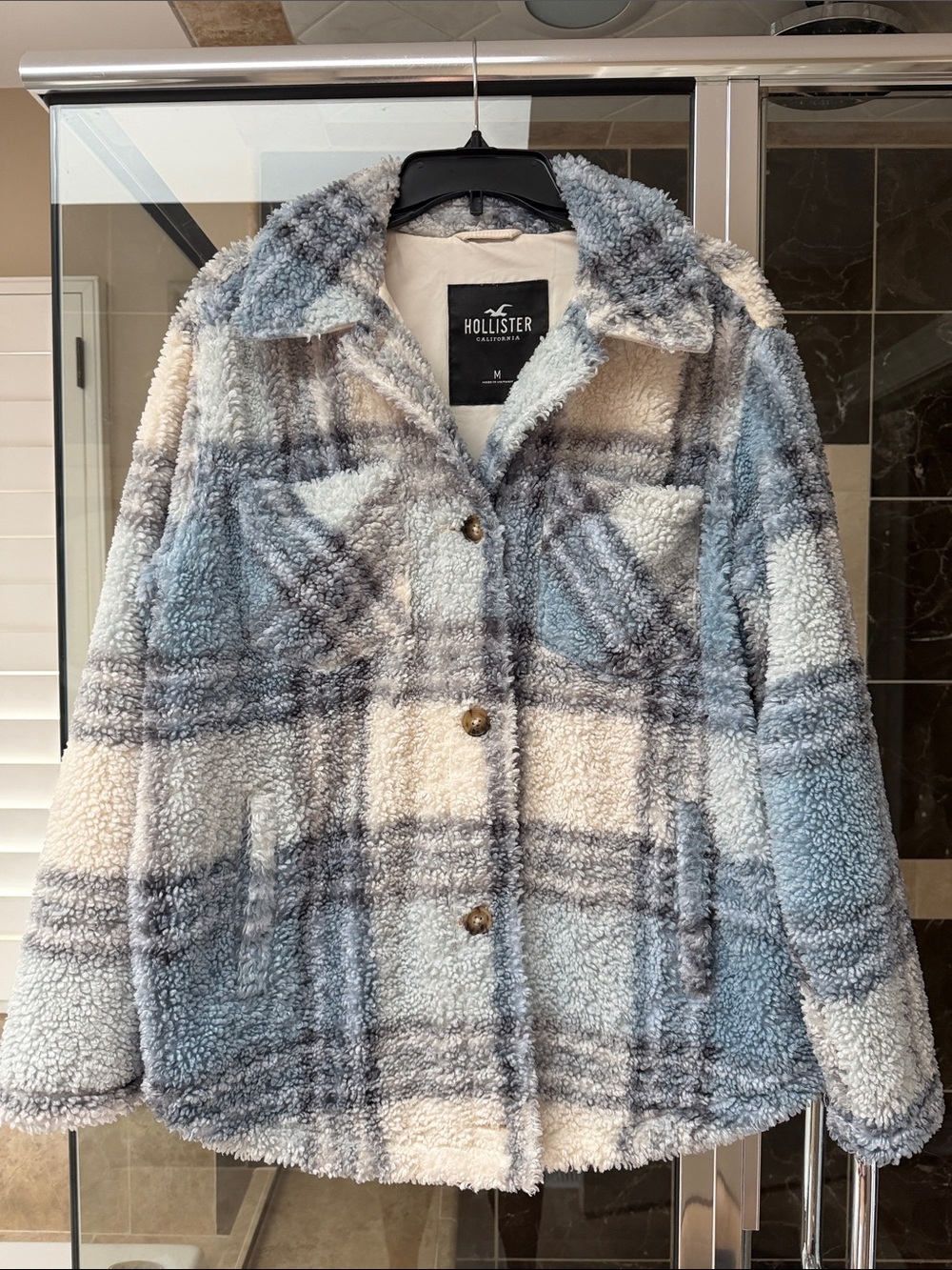 Hollister Blue and Cream Plaid Sherpa Jacket